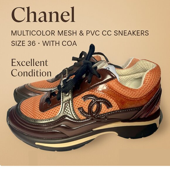 CHANEL Shoes - Chanel Brown Beige CC Sneakers Fabric Stretch Size 6 w/ COA